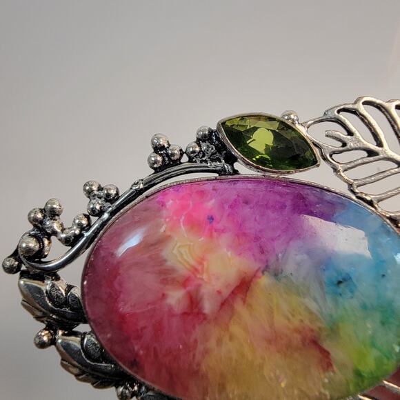 Handmade Rainbow Fluorite and Peridot Pendant with Sterling Silver Floral Design - Picture 6 of 10